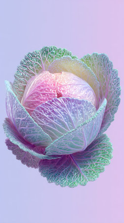 A close-up shot of a cabbage head with a spectrum of colors, showcasing its intricate leaves.の素材