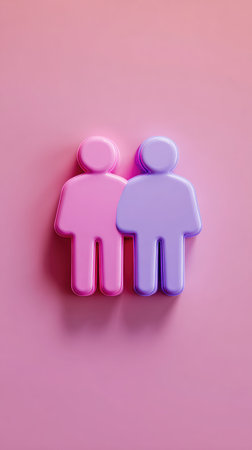 Two figures in pink and purple colors on a pink background, representing togetherness.の素材