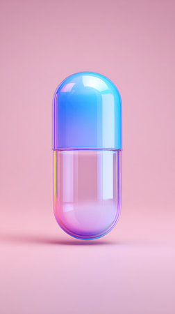 A close-up of a colorful capsule medicine with a pink background.の素材