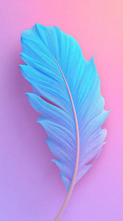 A close-up of a blue feather against a soft pink and purple gradient background.の素材