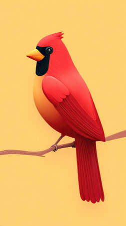 A stunning illustration of a red cardinal bird, perched on a branch against a yellow background.の素材
