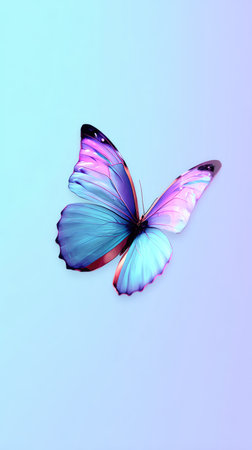 A beautiful butterfly with colorful wings, captured mid-flight against a soft, gradient background.の素材