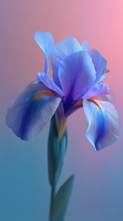 A close-up of a beautiful blue iris flower, its petals delicately lit against a soft, gradient background.の素材
