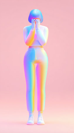 A digitally rendered figure stands in a pastel environment, showcasing a blend of vibrant colors and a modern aesthetic.の素材