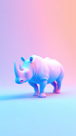 A colorful rhino sculpture illuminated by a gradient of pink, blue, and orange hues.の素材
