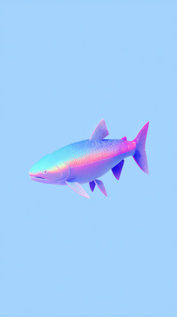 A stunning image of a holographic fish with iridescent colors against a light blue background.の素材