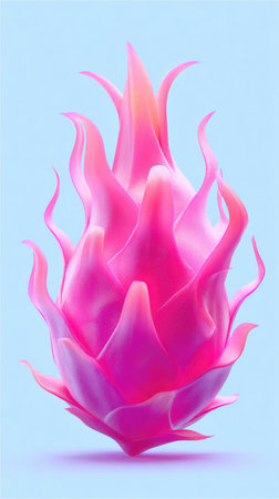 A visually striking illustration of a dragon fruit, showcasing its unique shape and vibrant pink hues against a soft blue background.の素材