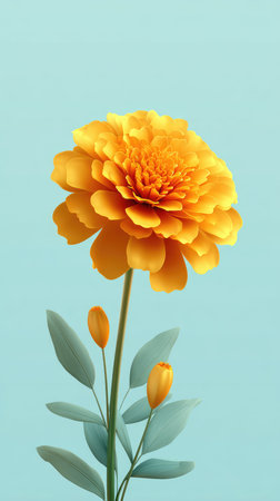 A beautiful close-up of a bright yellow flower with green leaves and buds against a light blue background.の素材