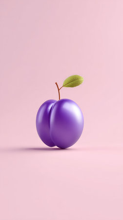 A close-up shot of a single, glossy purple plum with a green leaf, set against a soft pink backdrop.の素材