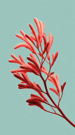 A close-up shot of a red flower branch against a teal background, showcasing the plants details.の素材