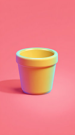A close-up shot of a yellow ceramic pot against a pink backdrop, showcasing its shape and color.の素材