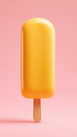 A vibrant yellow popsicle against a soft pink backdrop, perfect for summer.の素材