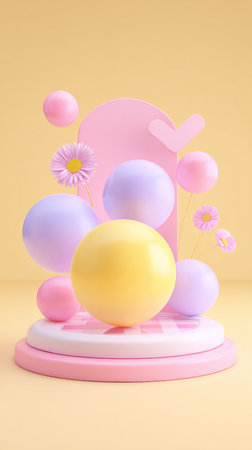 A vibrant and colorful abstract composition featuring spheres and flowers in pastel colors, creating a visually appealing and artistic design.の素材