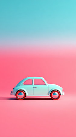 A charming vintage blue toy car set against a gradient pink backdrop, evoking nostalgia and playfulness.の素材