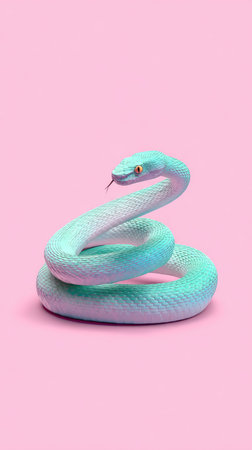 A beautiful snake with blue and purple hues is coiled on a pink background, creating a striking contrast.の素材