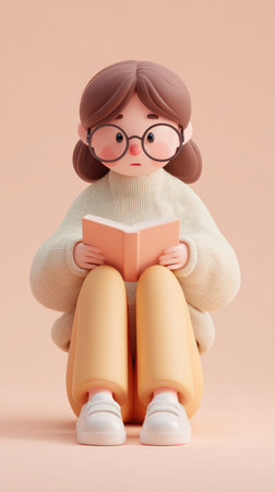 A cute illustration of a girl reading a book, wearing glasses, sitting down, and focused.の素材