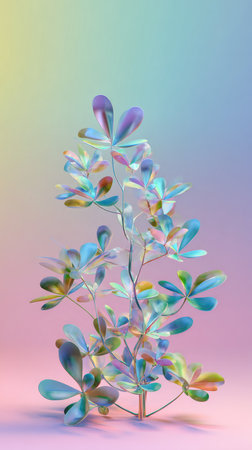 An abstract sculpture of a plant with iridescent petals and stem, set against a gradient background.の素材