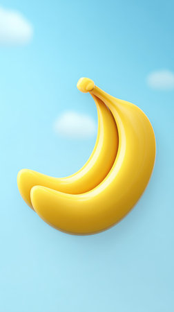 A pair of ripe yellow bananas against a bright blue sky with soft white clouds.の素材