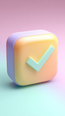 A 3D rendered checkmark icon on a square with pastel colors.の素材