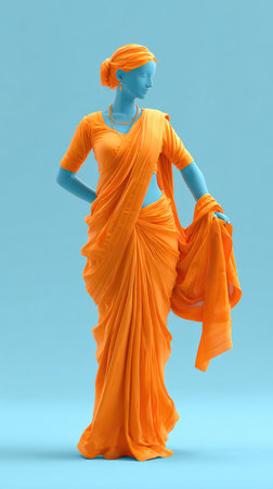 A stunning studio shot of a woman in an orange saree, showcasing traditional Indian attire and fashion.の素材