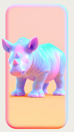 A colorful rhino sculpture displayed on a phone screen, showcasing pastel colors and artistic design.の素材