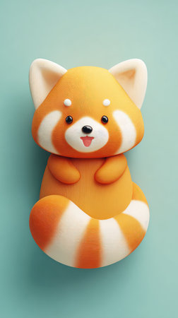 A cute, orange and white red panda figurine, set against a teal backdrop. The panda is detailed and charming.の素材
