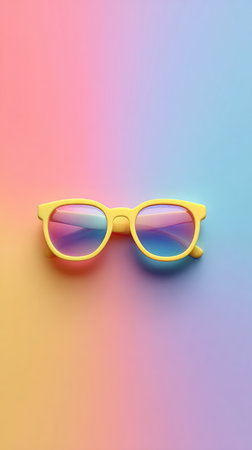 A pair of yellow sunglasses resting on a vibrant, multicolored gradient background.の素材