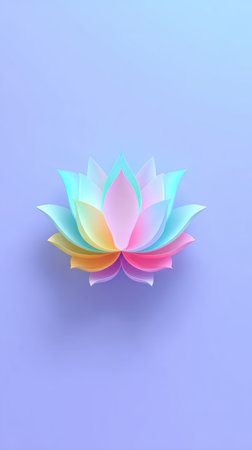 A stunning, digitally rendered image of a lotus flower with a gradient of pastel colors, symbolizing purity, enlightenment, and beauty.の素材