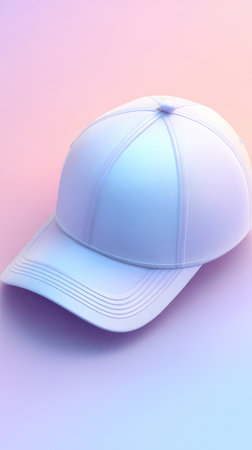 A white baseball cap is placed on a gradient background, creating a minimalist and clean aesthetic.の素材