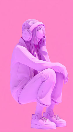 A person wearing headphones, sitting and listening to music, in a pink setting.の素材