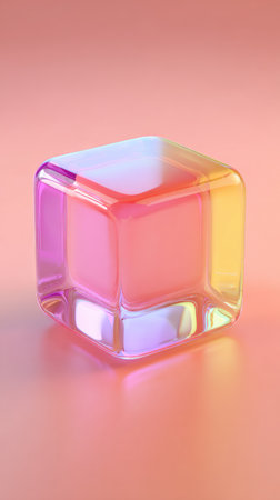 A captivating image of a translucent cube, showcasing a spectrum of colors and geometric beauty.の素材