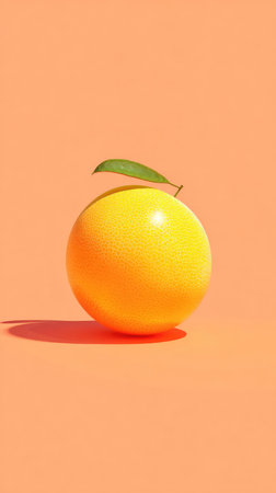 A close-up shot of a yellow fruit with a green leaf on top, set against an orange background.の素材