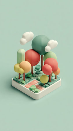 A vibrant and playful 3D rendering of a miniature forest, featuring stylized trees and a soft, pastel color palette.の素材