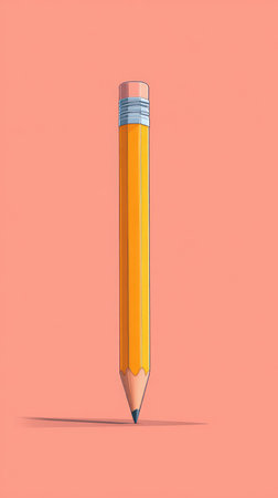 A close-up shot of a yellow pencil with a pink eraser, standing upright against a peach-colored backdrop.の素材