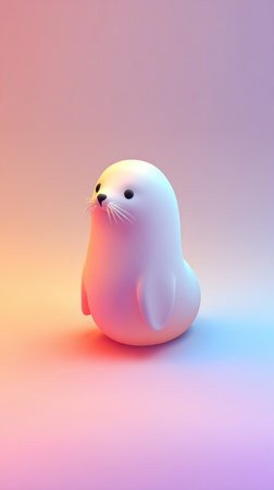 A cute white seal pup is the subject of this image, set against a soft, pastel-colored backdrop.の素材