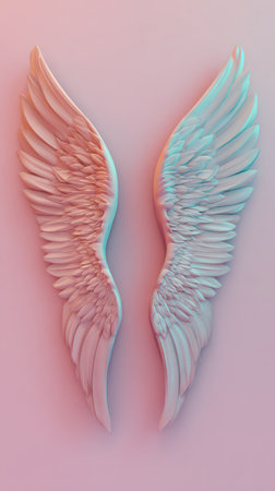 Abstract artwork featuring two angel wings with a pastel color palette. The wings are detailed with delicate feathers and a soft, ethereal glow.の素材