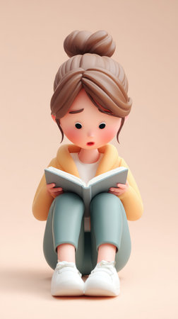 A charming illustration of a girl deeply focused on a book, capturing the essence of reading.の素材