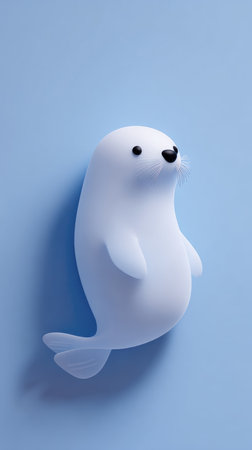 A cute white seal toy is placed on a light blue background, creating a playful and charming scene.の素材