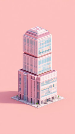 A unique architectural design featuring a stacked building structure with a pink and white color scheme.の素材