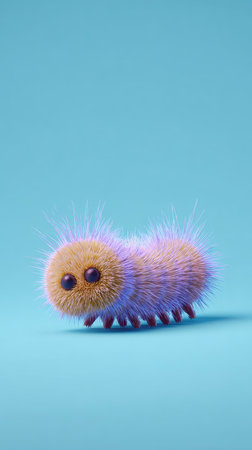 A cute, fluffy caterpillar with big eyes, resting on a vibrant blue surface.の素材