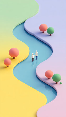 A vibrant and colorful paper cutout scene featuring two figures standing in a river, surrounded by trees.の素材
