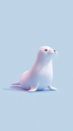 A charming image of a white seal pup, captured in a moment of serene focus, set against a gentle blue background.の素材