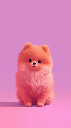 A cute Pomeranian puppy with fluffy orange fur sits against a pink backdrop. The image is well-lit and showcases the dogs adorable features.の素材