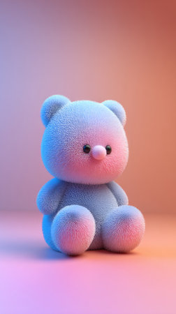 A cute fluffy bear toy with a soft blue and pink color scheme, perfect for children.の素材