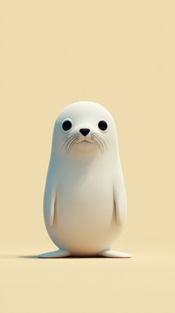 A cute white seal pup stands on a light yellow surface, looking directly at the viewer with big, dark eyes.の素材