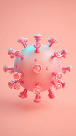 A detailed illustration of a coronavirus cell, rendered in a soft pink hue, highlighting its structure.の素材