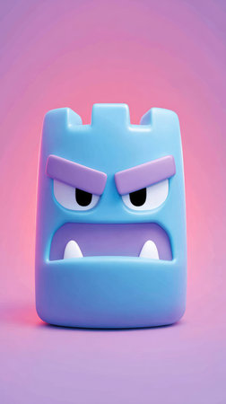 A blue cartoon castle toy with an angry face expression, perfect for kids.の素材