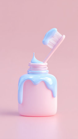 A creative image featuring a pink toothpaste bottle with blue toothpaste and a toothbrush, all in pastel colors.の素材