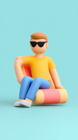A 3D cartoon character is sitting on a colorful inflatable, wearing sunglasses, against a light blue background.の素材