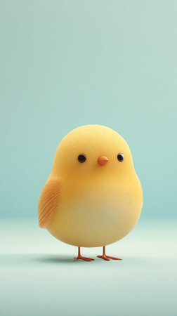 A cute, fluffy yellow chick with a soft appearance, standing on a light blue background. The chick has small black eyes and a tiny beak.の素材